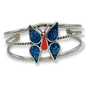 Vintage Native American Zuni Turquoise Inlay Sterling Silver Butterfly Bracelet
